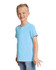A light blue youth short sleeve t-shirt displayed on a smiling child, with a logo on the shirt.