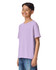 A purple short sleeve t-shirt positioned on a model, featuring a relaxed fit and simple design.
