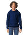 A youth hooded sweatshirt in navy blue with a front pocket and a hood, worn by a smiling child.