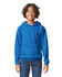 A blue youth hooded sweatshirt featuring a front pocket and a hood. It has a logo on the garment.