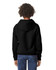 A black youth hooded sweatshirt with a kangaroo pocket and a hood, featured from the back.