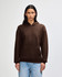 A unisex hooded sweatshirt in brown, featuring a front pocket and a logo.