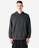A unisex hoodie in dark grey featuring a front pocket and a drawstring hood. It has a brand logo.