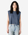 A navy blue women's muscle t-shirt with wide sleeves, displayed on a model, featuring a branded logo.