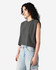A grey muscle t-shirt with a cropped design, featuring shoulder cutouts and a plain logo.