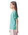 A turquoise youth t-shirt is displayed on a model standing in profile. The shirt features short sleeves and has a logo.