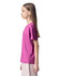A youth T-shirt in vibrant pink, featuring short sleeves and a crew neck, displayed on a model in profile.