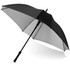 A black and silver automatic umbrella with a straight handle and a logo on the shaft.