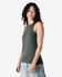 A women’s racerneck tank top in dark green, featuring a fitted design and a logo detail.