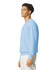 A light blue crewneck sweatshirt is displayed on a model, featuring a simple design and a logo.
