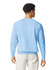 A lightweight crewneck sweatshirt in light blue, featuring a plain back and long sleeves. It has a logo on the front.