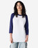 A unisex raglan T-shirt in white with navy blue sleeves, featuring a logo on the front.