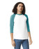 A unisex raglan t-shirt featuring a white body with teal sleeves. The model has curly hair and is wearing jeans.