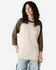 A unisex raglan T-shirt featuring a beige body with brown 3/4 sleeves and a logo.