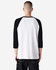 A unisex raglan T-shirt with white body and black sleeves, featuring a back view and a logo.