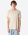 A beige unisex Henley T-shirt with short sleeves and a front placket, displayed on a male model.