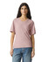 A unisex V-neck T-shirt in a soft pink colour, featuring short sleeves and a relaxed fit. It has a logo.