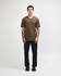 A unisex olive green V-neck T-shirt displayed on a model, featuring short sleeves and a logo.