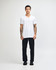 A white unisex V-neck T-shirt displayed on a model, featuring short sleeves and a logo.