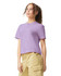 A purple heavyweight boxy T-shirt worn by a model, featuring a casual fit and short sleeves.