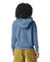 A lightweight hooded sweatshirt in blue, featuring a kangaroo pocket and a logo on the back.