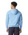 A lightweight hooded sweatshirt in light blue, featuring a hood and a simple design on the back.
