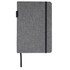 A grey A5 notebook with a textured cover, elastic band closure, and ribbon bookmark. It features a logo.