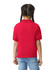 A red Gildan youth polo shirt viewed from the back, featuring short sleeves and a collar.