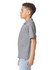 A grey Gildan youth polo shirt displayed on a model, featuring short sleeves and a logo on the chest.