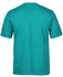 A plain teal t-shirt with a round neck and short sleeves, featuring a logo on the back.