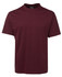 A maroon T-shirt featuring a classic crew neck design and short sleeves, with a logo on the label.
