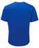 A blue T-shirt featuring a plain back and a logo on the neckline.