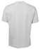 A plain grey T-shirt with a round neckline and short sleeves, featuring a logo on the back.