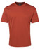 A plain rust-coloured t-shirt with short sleeves and a round neckline, featuring a label inside.