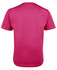 A pink T-shirt featuring a plain back design and a tag. It has short sleeves and a round neckline.