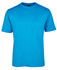 A bright blue t-shirt with short sleeves and a round neckline, featuring a logo on the label.