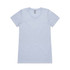A light blue T-shirt with a round neckline and short sleeves, featuring a logo on the label inside.
