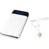 A white 10,000 mAh wireless power bank with a display and a USB charging cable.