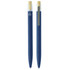 A set of two blue pens with bamboo accents, featuring a logo on one pen.