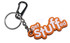 A colourful orange and white custom PVC keyring with a metal clip and chain, featuring a playful design.