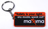 A red and black custom PVC keyring featuring a metal keychain and a logo.