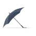 A navy umbrella with a curved canopy and a sturdy black handle, featuring a logo on the shaft.