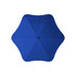 A blue umbrella with a unique star-shaped design and a centre button, featuring a logo on the handle.