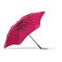 A fuchsia umbrella with a curved canopy and a black frame, featuring a logo on the handle.