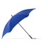 A blue umbrella with a sleek design, featuring a curved canopy and a black handle.