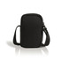 A black recycled camera bag with a zip closure and an adjustable shoulder strap. It includes a branding logo.