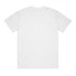 A white oversized tee with a round neckline and short sleeves. It has a logo on the label.