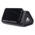 A black outdoor speaker and wireless power bank with a triangular design, holding a smartphone on top.
