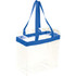 A clear tote bag with blue straps, featuring a spacious design suitable for carrying various items.
