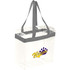A clear tote bag with grey handles, featuring a logo on one side. Ideal for stadium use.